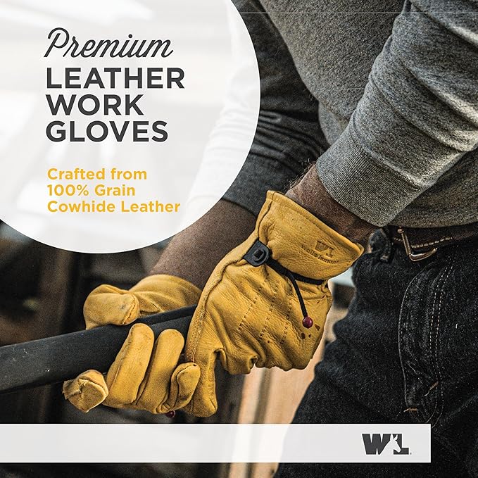 Wells Lamont Men's Cowhide Leather Work Gloves | Adjustable Wrist, Puncture and Cut Resistant | Small (1132S)