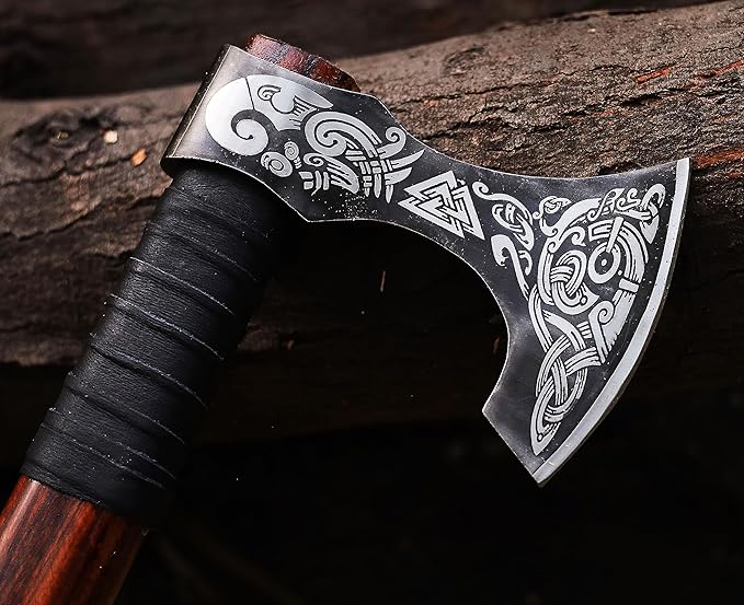 Viking Axe | 18" Carbon Steel Throwing Hatchet with Ash Wood Handle & Leather Sheath | Etched Norse Design, Functional & Collectible Gift(WCA-017)