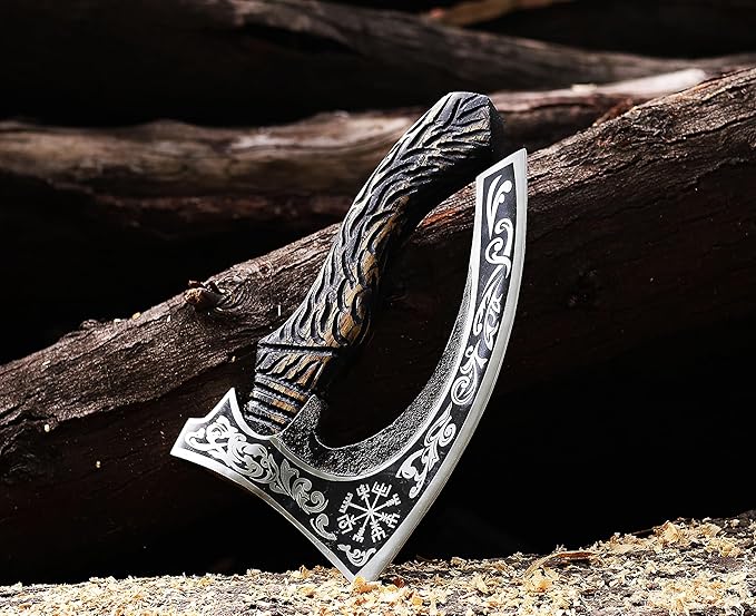 Viking Pizza Axe | Engraved Blade Pizza Cutter with Rosewood Handle & Leather Sheath | Norse Style Collectible Kitchen Tool & Gift for Pizza Lovers (WCA-027)