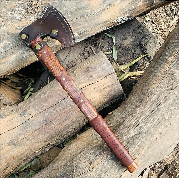 Ragnar Lothbrok Viking Style Axe with Forged Carbon Steel Blade, Handcrafted Rosewood Handle and Decorative Leather Sheath | Norse Inspired Collectible Gift for Men