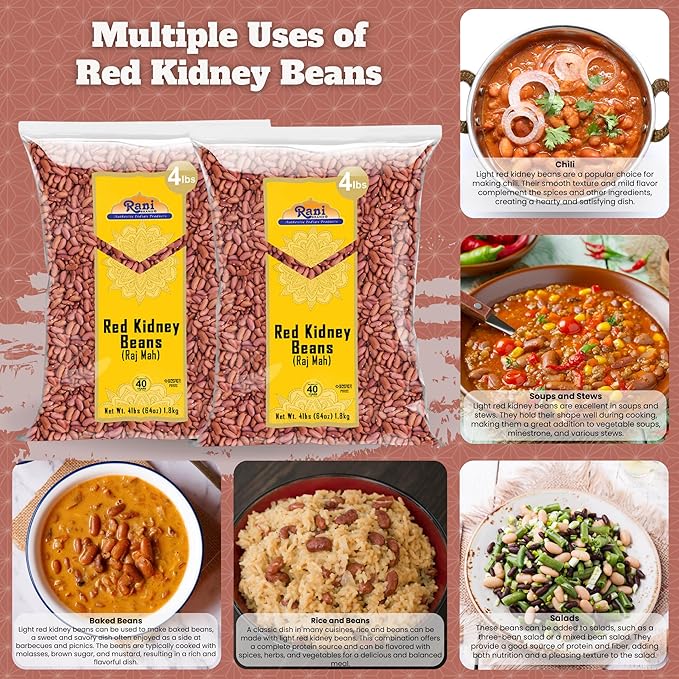Rani Red Kidney Beans, Light 64oz (4lbs) 1.81kg ~ Pack of 2~128oz (8lbs) 3.63kg Total ~ All Natural | Vegan | Gluten Friendly | NON-GMO | Kosher | Raj Mah