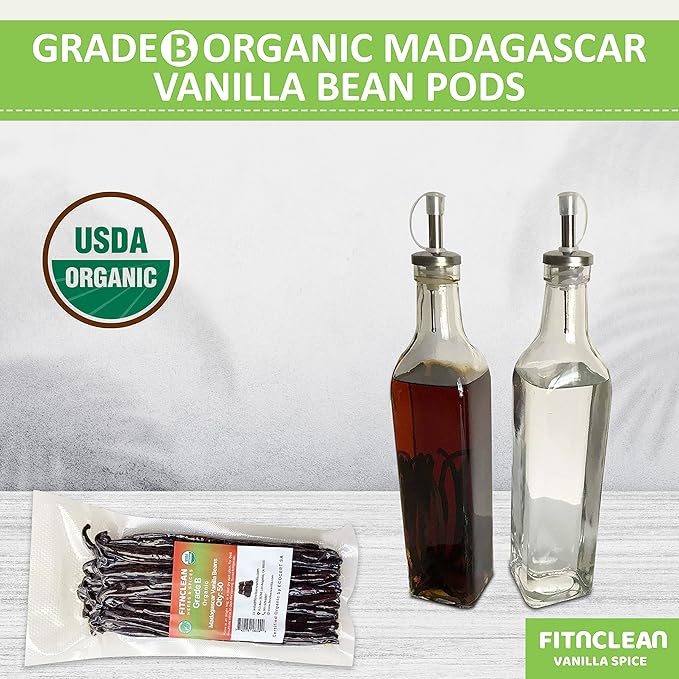 50 Madagascar Organic Vanilla Beans Grade B. Certified USDA Organic. 5"-7" by FITNCLEAN VANILLA for extract, Cooking and Baking. Whole NON-GMO Bourbon Pods