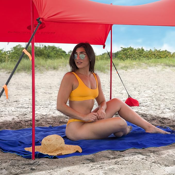 Red Suricata Family Beach Tent & Beach Canopy, UPF50 Sun Beach Shade, Sunshade with 4 Aluminum Poles, 4 Pole Anchors & Sand Shovel, Medium & Portable Sun Shelter Tarp (Medium, Red)