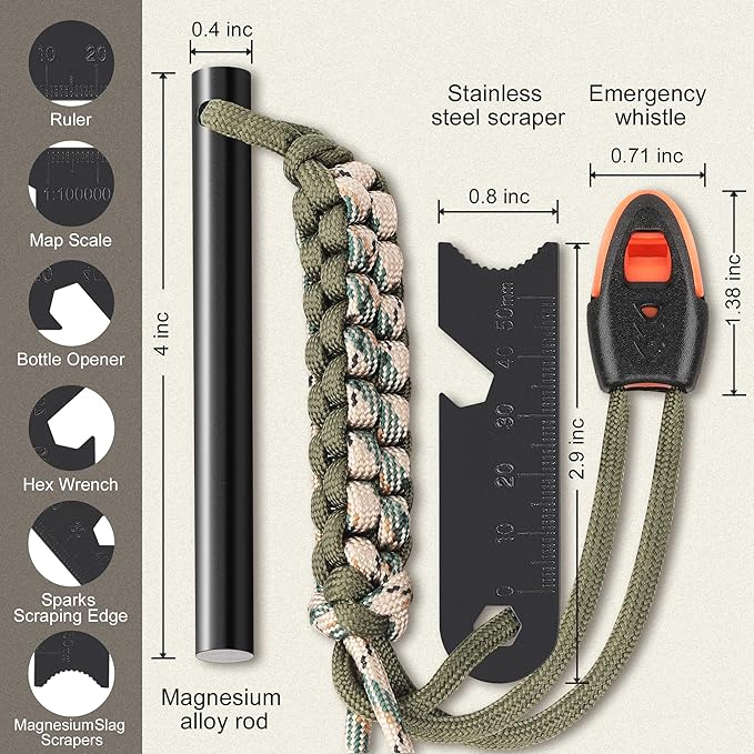 Survival Fire Starter, 4 Inch Ferro Rod, Flint Fire Starters for Hiking and Camping, Flint and Steel Survival Tool with Paracord and Emerge