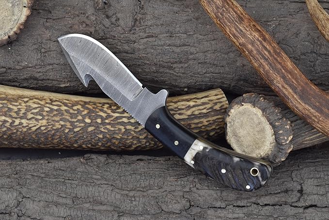 Knives Ranch Handmade Damascus Steel Gut-Hook Skinning Knife ??8.5" Full Tang Fixed Blade Outdoor Knife with Ram?™s Horn Handle & Heavy-Duty Leather Sheath ??Hunting, Bushcraft, Camping, Survival, Cowboy Ranch (2048-RH)