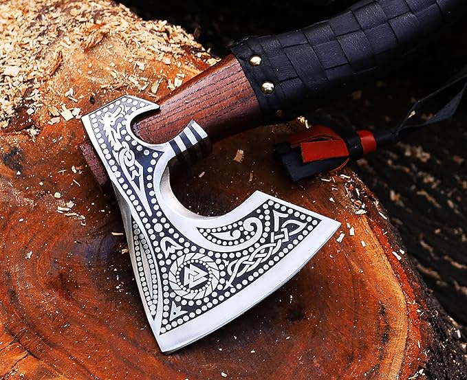 19" Viking Axe Carbon Steel Engraved Head with Leather Wrapped Wooden Handle & Sheath | Norse Collectible Hatchet for Camping & Gifting
