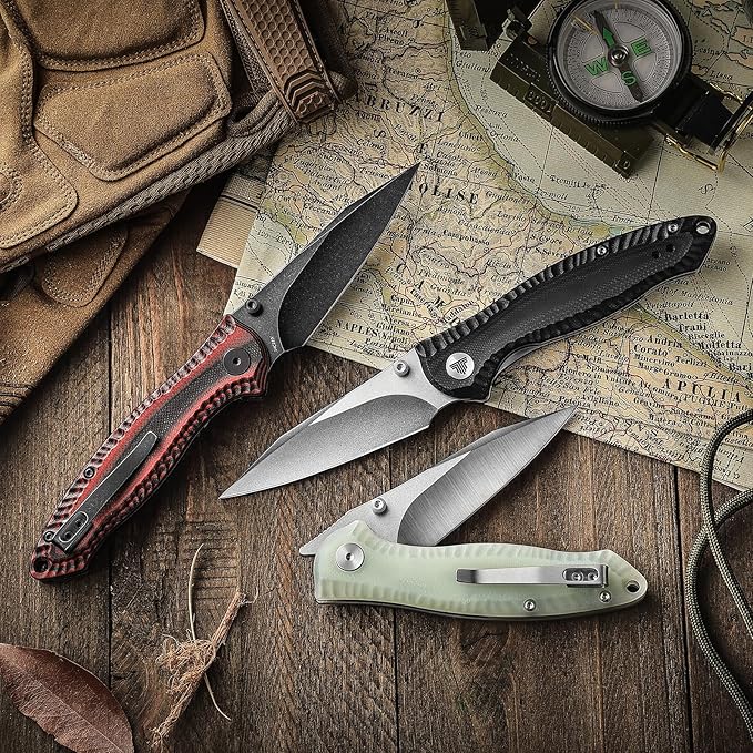 Folding Pocket Knife with Reversible Clip,Front Flipper EDC Knifefor Men,3in 14C28N Thumb Studs Blade, Liner Lock G10 Handle, Outdoor Camping Tool,Delphinus-03(Stonewash + Satin)