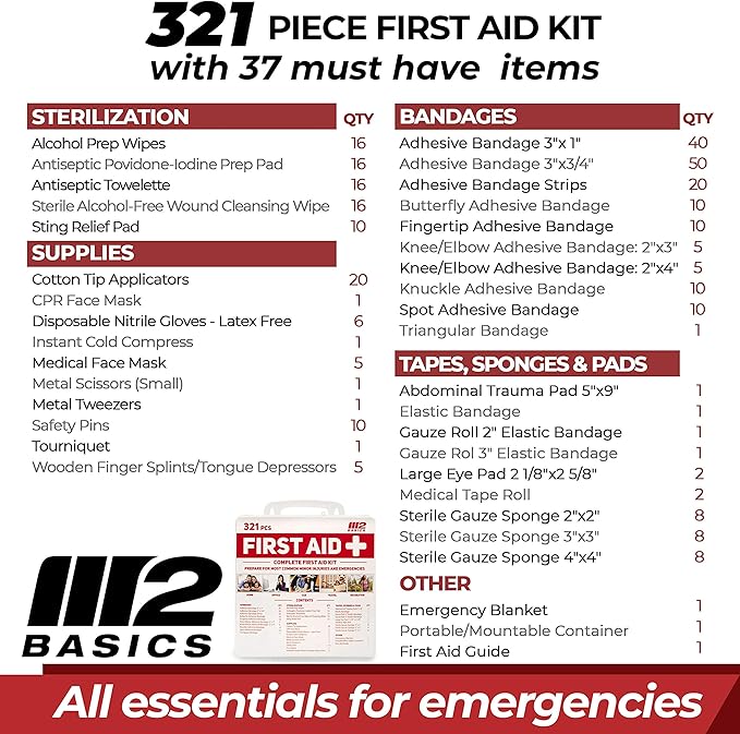 M2 BASICS Premium 321 Piece First Aid Kit - First Aid Kit for Home, Car, Business, Office, School, Travel, Camping, Outdoors - Emergency Medical Supplies, Durable Portable Hard Case