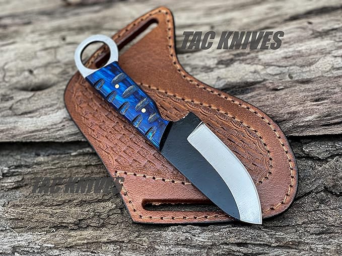7'' Full Tang Fixed Blade Outdoor Camping Hunting Knife In Sheath Gift For Him | 1095 High Carbon Steel Knife | SKINNER Gift | Cowboy knives | Pancake leather sheath (BLUE)