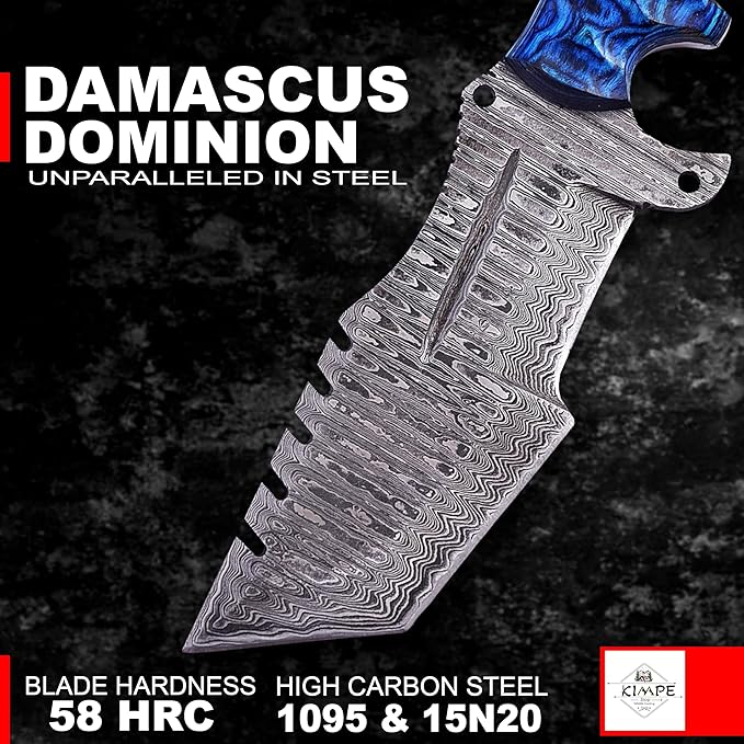KIMPE 10.5?™â€?Damascus Hunting Knife with Leather Sheath-Fixed Blade EDC Knife-Bushcraft Knives-Wood Handle-Best Camping & Survival Knives-Knives for Men. (Pakka-Blue)