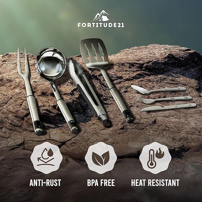 Camping Utensils Set, 21pcs Camp Cooking Kit with BBQ Tools, Knife Set & Spice Kit ??Heat-Resistant Cutting Board, Dishwasher-Safe Cutlery for Outdoor, Hiking, Backpacking