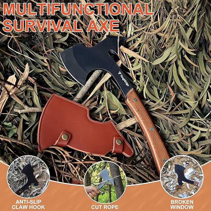 ToughEdgeTactical Tomahawk Axe Hatchet with Leather Sheath & Gift Box - Multi Functional Camping & Survival Outdoor Tool Gadgets
