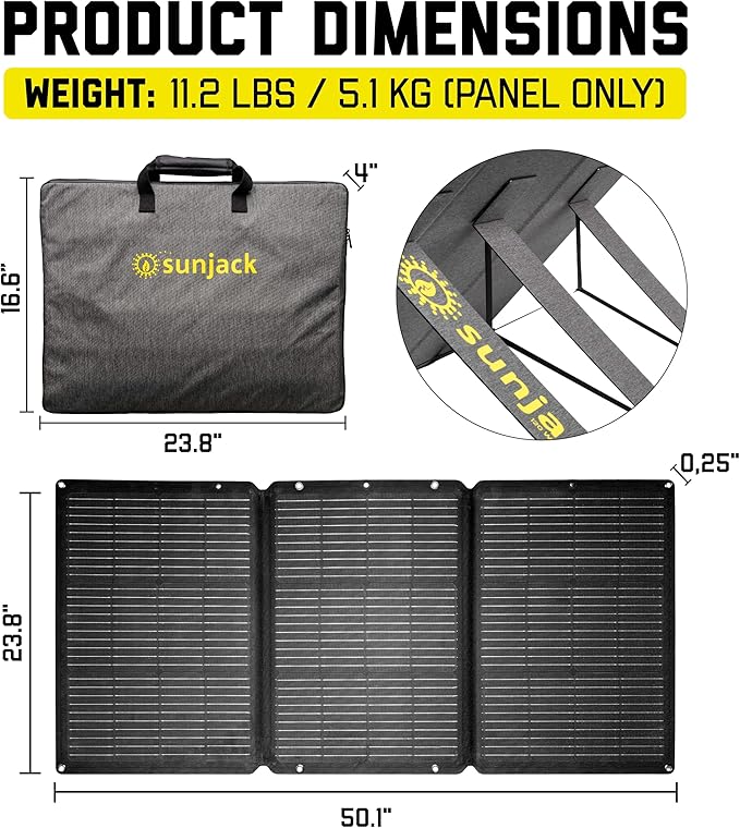 SunJack 120W Foldable Portable Solar Panel Charger with Kickstands, MC4/PD60 USB-C/USB-A, ETFE Monocrystalline, Waterproof Solar Charger for Camping, RV, Power Station, Generator, Off Grid, Emergency