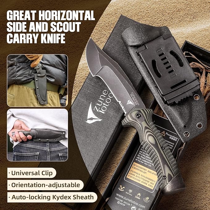 ZUNE LOTOO Full Tang Fixed Blade Tactical Knife for Men, 9.4" Bowie Knife with Kydex Sheath & G10 Handle, 8Cr14mov Survival Hunting Knives for Bushcraft Camping Outdoor Skinning