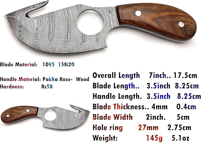Handmade Damascus Steel Fixed Blade Skinning Hunting Knife With Gut Hook Best For Outdoor Camping Skinner Deer Fishing Hiking Edc Survival Knives For Men (Rose Wood)