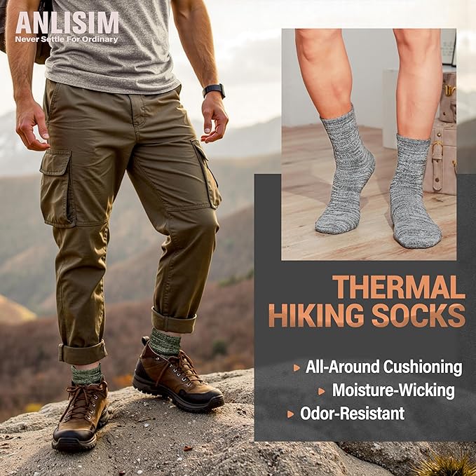 Anlisim Merino Wool Warm Boot Hiking Socks Thermal Extra Thick Winter Cozy Crew Comfy Cushioning Work Women Men Socks 4 Pairs