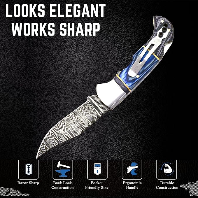 Handmade Damascus Pocket Knife for Men - 6.5 Inches Damascus Folding Pocket Knife with Clip Belt Holster Sheath - Pocket Knives & Folding Knives with Back Lock - EDC Knife Pocket.(Blue with Clip)