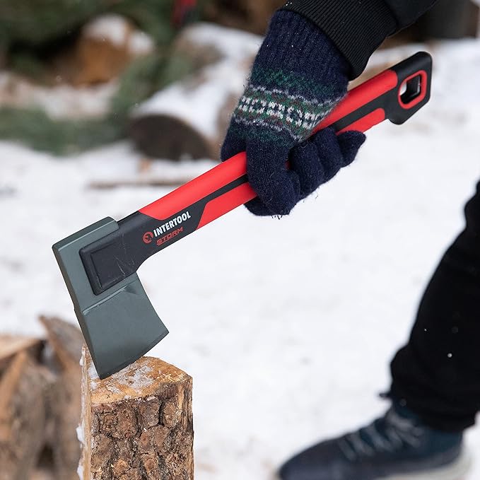 INTERTOOL Hatchet Lightweight for Camp Firewood Splitting & Kindling - Small 14" Wood Chopping Axe with Shock Absorbing Anti-Slip Handle & Sheath - Ax for Outdoor, Hiking, and Gardening - HT08-0291