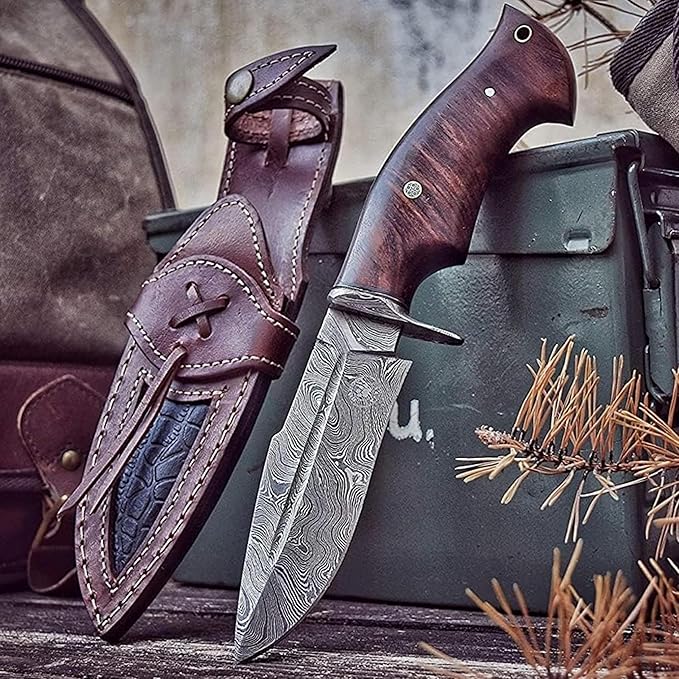 BIGCAT ROAR Beast Hunter - Handmade Damascus Steel Fixed Blade Hunting Knife 10" - Walnut Wood Handle & Leather Sheath - Skinning, Outdoor Camp Survival, Bushcraft EDC Knife - Collector Gifts for Men