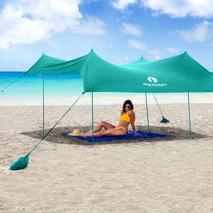 Red Suricata Family Beach Tent & Canopy, UPF50 Sun Shade, 4 Aluminum Poles, Sand Shovel, Medium Portable Sun Shelter (Medium, Turquoise)