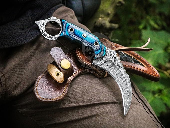 Damascus steel Handmade Knife, Survival claw Tactical teeth Knife Double edged sharp, Fixed Blade Knife With Sheath, Curved knife