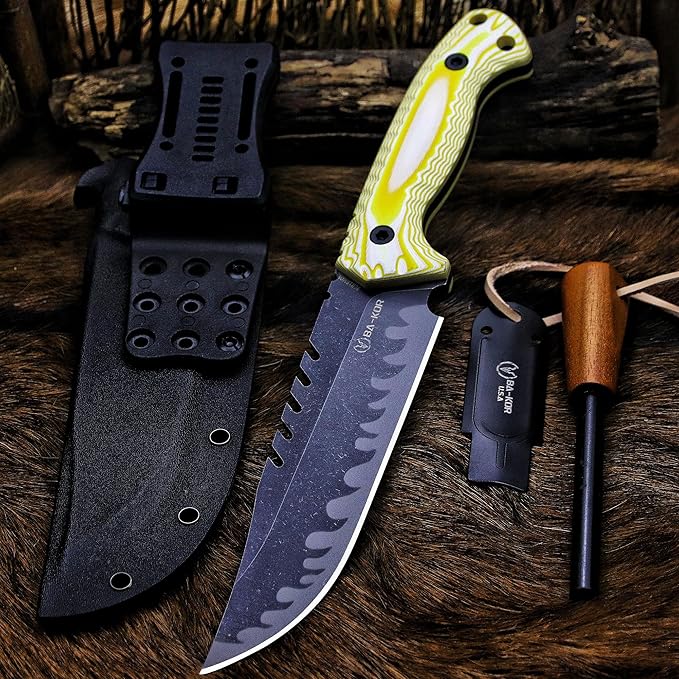 BA-KOR 12.4in Full Tang Fixed Blade Hunting Knife ??6mm 9CR18MoV Steel, G10 Handle, Stonewashed Sawback Blade with Kydex Sheath & Fire Starter for Outdoor, Camping, Survival (White and yellow stripes)