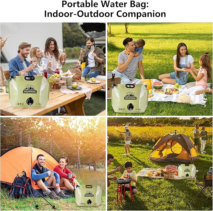 Collapsible 8L Water Storage Bag, BPA-Free Portable Folding Water Jug with Adjustable Faucet, Leakproof Emergency Water Bag for Camping, Hiking, Riding, Outdoor Sport (BEIGE&GREEN, 4)