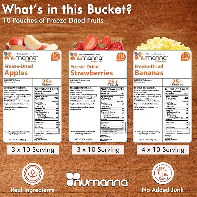 Numanna Freeze-Dried 3 Fruit Bucket ??300 Servings | Apples, Bananas, Strawberries | Healthy Snack for Everyday, Emergency & Survival Use | Durable Packaging | 25+ Year Shelf Life | Made in USA