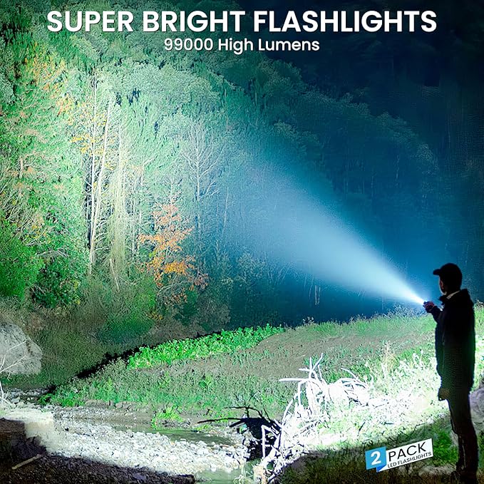 Rechargeable Flashlight 99000 High Lumens, Super Bright LED Flashlight with 7 Modes, Waterproof Powerful Flash Light for Camping, Home, Emerge?©cies (Black)