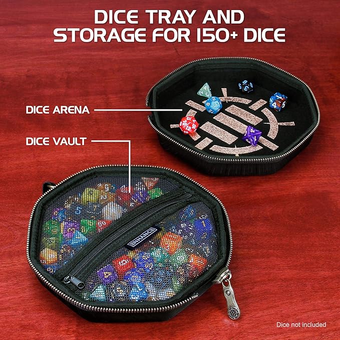 ENHANCE DND Dice Tray and Case - DND Dice Holder for up to 150 D&D Dice with Rugged Hard Shell Exterior and Protective Soft Interior - Rolling Tray Perfect for Game Night (Black)