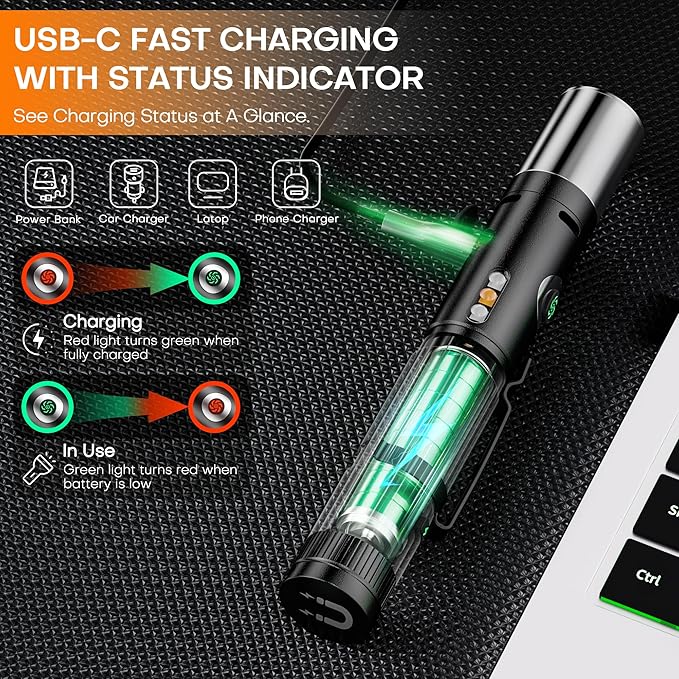Pen Light Flashlight Rechargeable 600 Lumens,7-Mode Zoomable EDC Led Flashlights with Magnetic Base&Alarm,USB-C Charging Multi-Color Side Small Pocket Work Light with Clip for Working,Home,Emergency