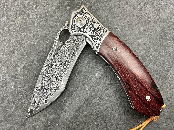 TACTICAL GEARZ Damascus Pocket Folding Knife, Natural Rosewood Handle, Damascus Steel Blade, Includes Custom Stitched Leather Sheath (Reno XT)