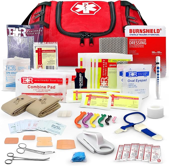 Fully Stocked Trauma First Aid Kit ??First Responder II Bag with Tools, Gauze, Bandages, Scissors & Gloves ??Compact & Portable ??OSHA and ANSI Compliant ??Red