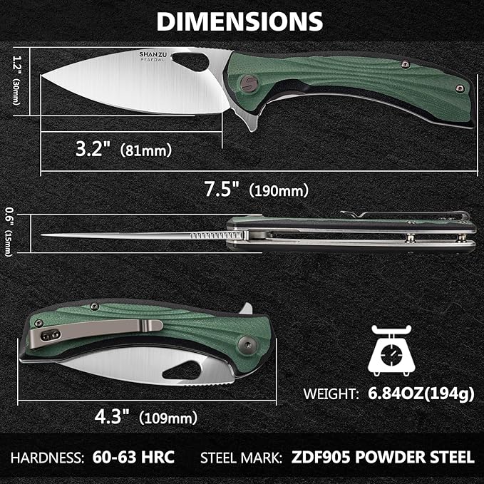 SHAN ZU Pocket Knife 3.2 in, Powder Steel Blade EDC Folding Knife for Men & Women, Utility Survival Knife with G10 Handle & Pocket Clip for Camping Fishing Hiking Hunting - Green