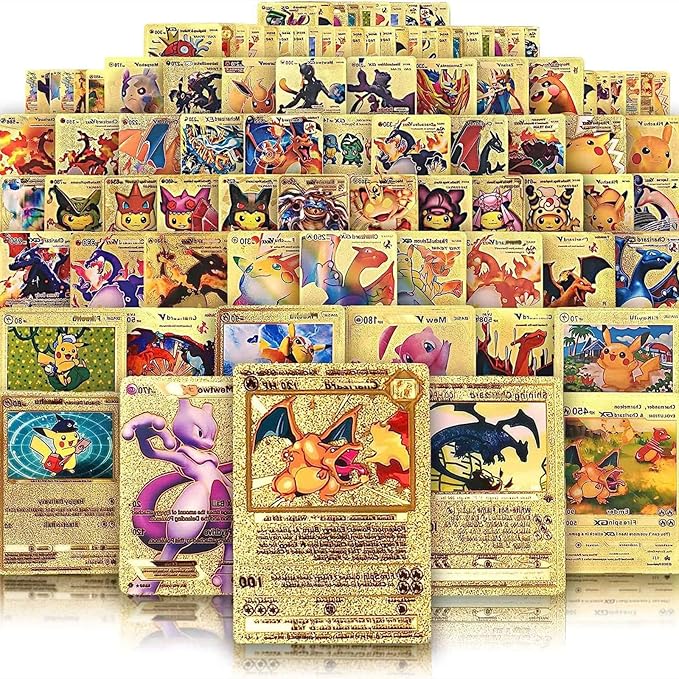 55 PCS Gold Cards Packs Vmax DX GX Rare Golden Cards Deck Box Gold Foil Card for Birthday Party Favors Gifts (No Duplicates) (Golden)