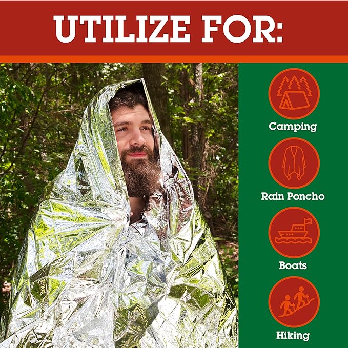 Emergency Mylar Thermal Blankets (12 Pack) Survival Kit Camping Space Blanket - Perfect for Hiking, Outdoors, Marathon Runs or First Aid Set- Bug Out Bag Essential - Keep Heat Insulated