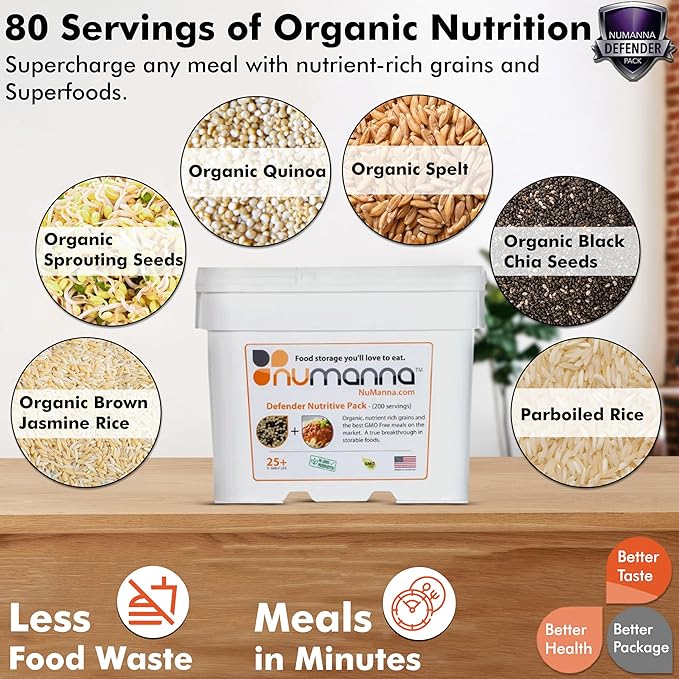 Numanna Defender Nutritive Pack Bucket 1224 Servings | 6-Months Emergency Food Supply | GMO-Free, Non-Perishable Meals with Organic Grains & Superfoods | Easy to Prepare | Camping & Daily Use