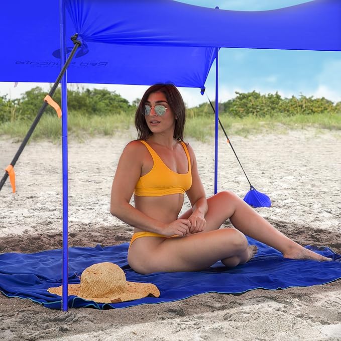 Red Suricata Family Beach Tent & Canopy, UPF50 Sun Shade, Sunshade With 4 Aluminum Poles, 4 Pole Anchors & Sand Shovel, Medium & Portable Sun Shelter Tarp (Medium, Blue)