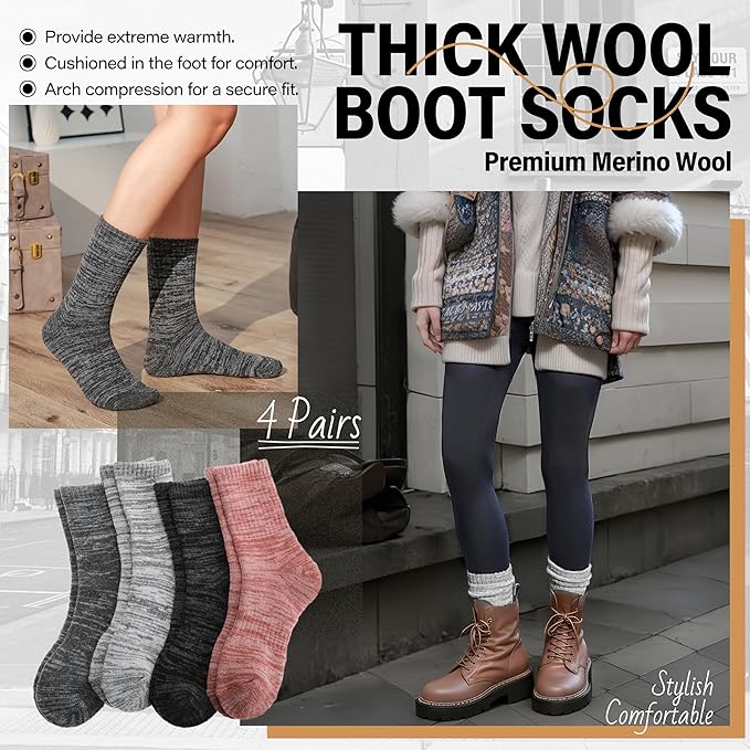 Anlisim Merino Wool Warm Boot Hiking Socks Thermal Extra Thick Winter Cozy Crew Comfy Cushioning Work Women Men Socks 4 Pairs