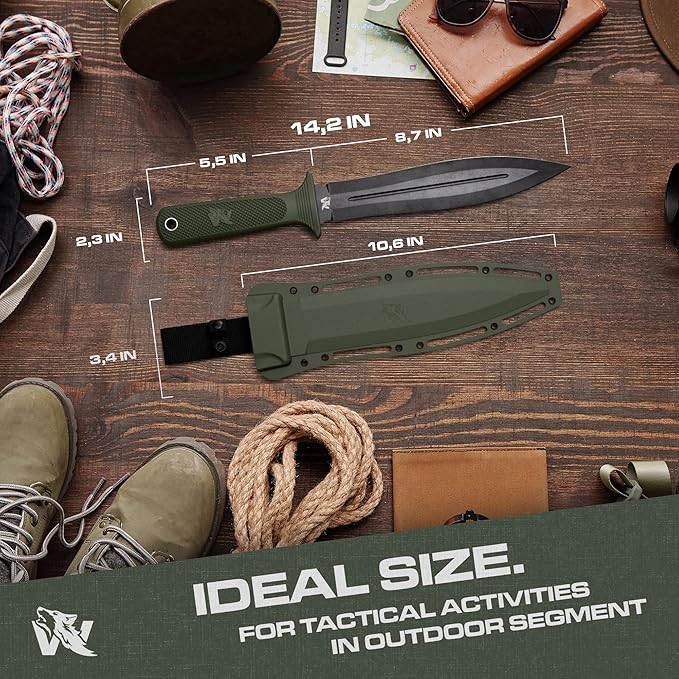 W-SowCatcher Fixed Blade Knife With Sheath - Large Hunting Blade Made of D2 Steel - Double Edge With TPE Handle