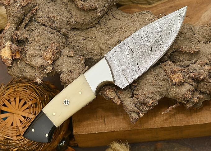 Handmade Damascus Camel Bone Hunting Knife,Fixed Blade full tang with Leather Belt Sheath gifts for men EDC, Skinning, Outdoor adventures. (Bone Damascus Knife), PCL-0078