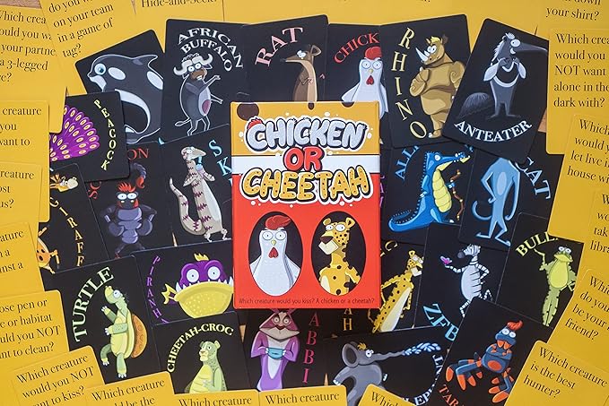 Chicken or Cheetah - A New Family Card Game Where Kooky Answers Keep The Laughs Coming! for Ages 4 to 104. Which Creature's Teeth Would You Brush? A Crocodile or a Piranha?