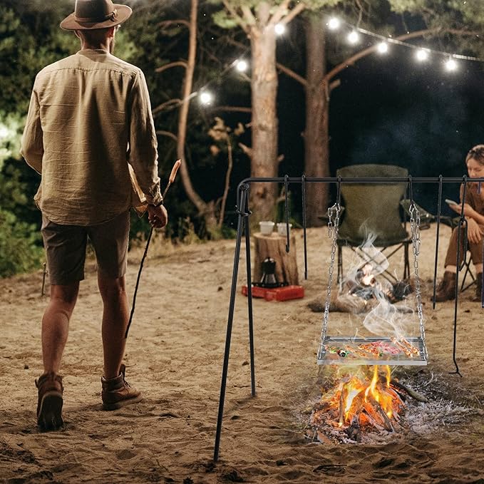 REDCAMP Swing Outdoor Campfire Grill Stand - Collapsible Campfire Cooking Rack with 6 Hooks & Stainless Steel Grill Grate, Portable Dutch Oven Hanger for Camping, Cookware, Bonfire, Rectangle