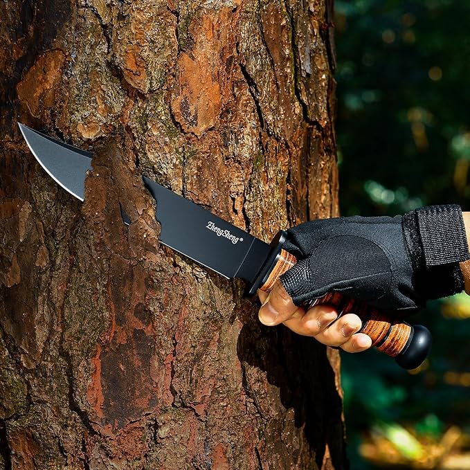 Fixed Blade Knife, 8.0??Black Titanium PVD Coating DC53 Steel Blade Hunting Knives with Leather Sheath, Ergonomic Handle Bushcraft Bowie Knife for Camping, Hiking