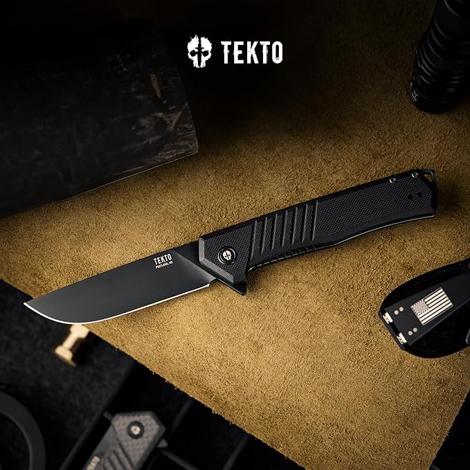 F1 Alpha Folding Pocket Knife - Modified Straight Back Blade, Titanium Coated D2 Steel, Ideal for Outdoor Camping and Backpacking, Tactical G10 Black Handle, Black Titanium Accents