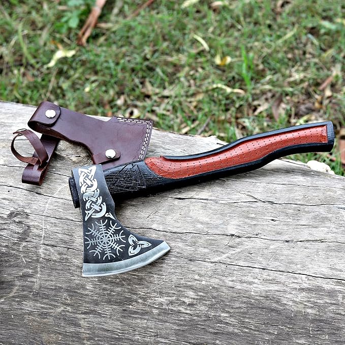 Viking Axe | 18" Carbon Steel Throwing Hatchet with Ash Wood Handle & Leather Sheath | Etched Norse Design, Functional & Collectible Gift(WCA-001)