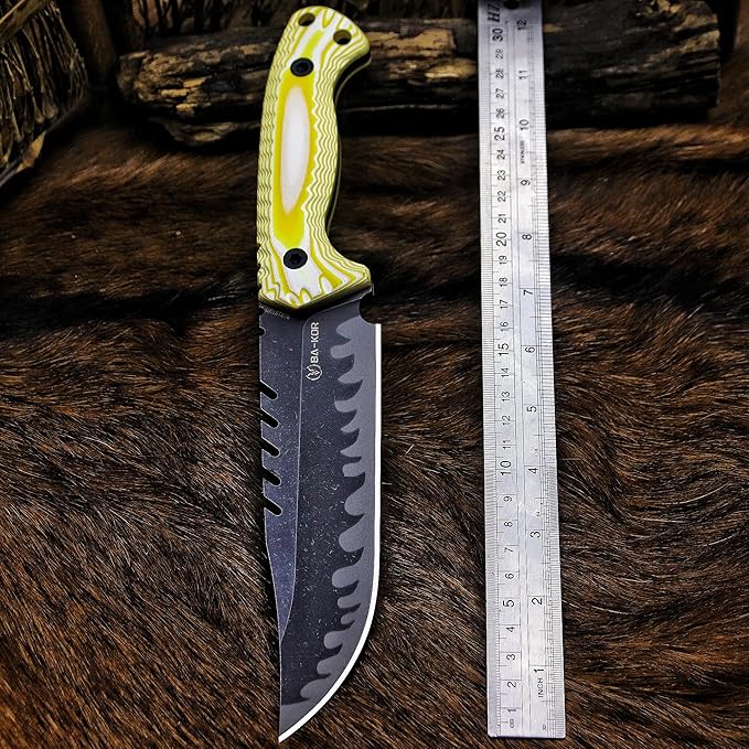 BA-KOR 12.4in Full Tang Fixed Blade Hunting Knife ??6mm 9CR18MoV Steel, G10 Handle, Stonewashed Sawback Blade with Kydex Sheath & Fire Starter for Outdoor, Camping, Survival (White and yellow stripes)