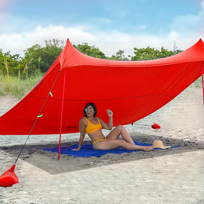 Red Suricata Family Beach Tent & Beach Canopy, UPF50 Sun Beach Shade, Sunshade with 4 Aluminum Poles, 4 Pole Anchors & Sand Shovel, Medium & Portable Sun Shelter Tarp (Medium, Red)