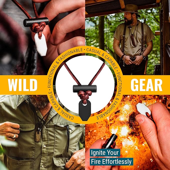 The Bushcraft - Original Fire Starter Necklace for Men, Handcrafted In USA, Weatherproof Fire Starting Necklace with Adjustable Leather Knot Design, Ideal for Traveling, Everyday Carry & Adventures