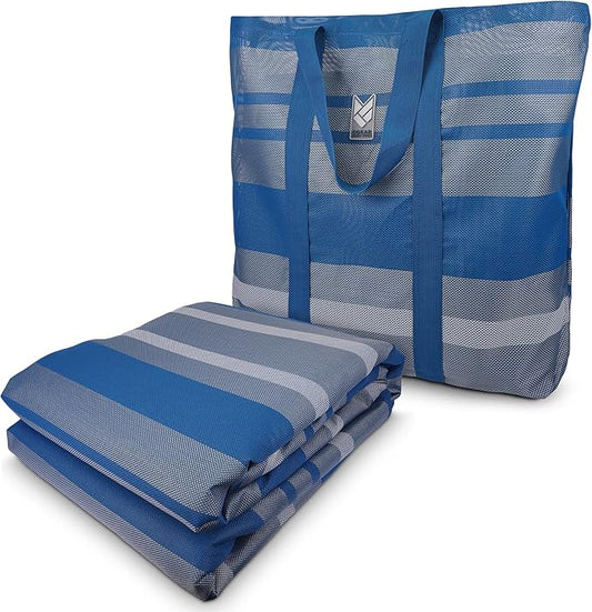 CGEAR RV Comfort Mat – Patented Sand-Free Technology with Ultra Soft Material – Sized to Your RV, Campsite, Beach House – Great Outdoor Patio Rug for RV and Camping (Navy Dynamic Stripe, 8' x 14')